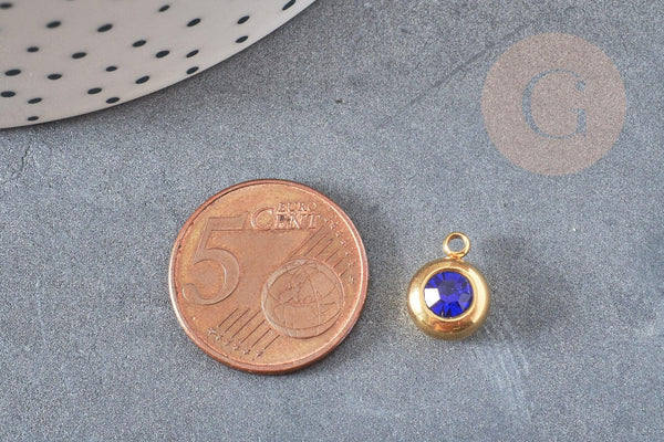 Pendentif rond acier doré 24 carats cristal bleu,pendentif cristal, pendentif doré cristal, 12mm, x1 G4838