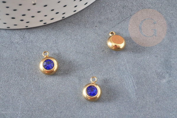 Pendentif rond acier doré 24 carats cristal bleu,pendentif cristal, pendentif doré cristal, 12mm, x1 G4838