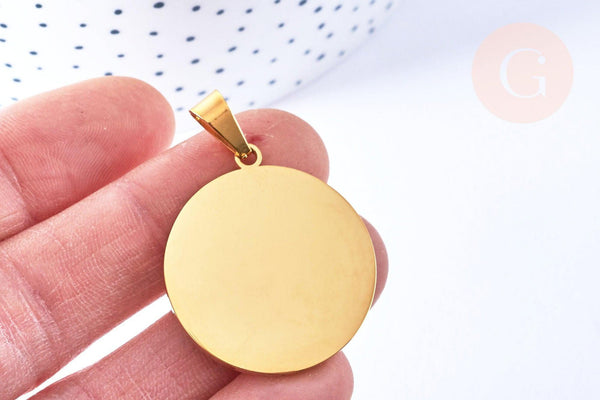 Pendentif rond acier doré à graver 34mm, x1 (G6789)