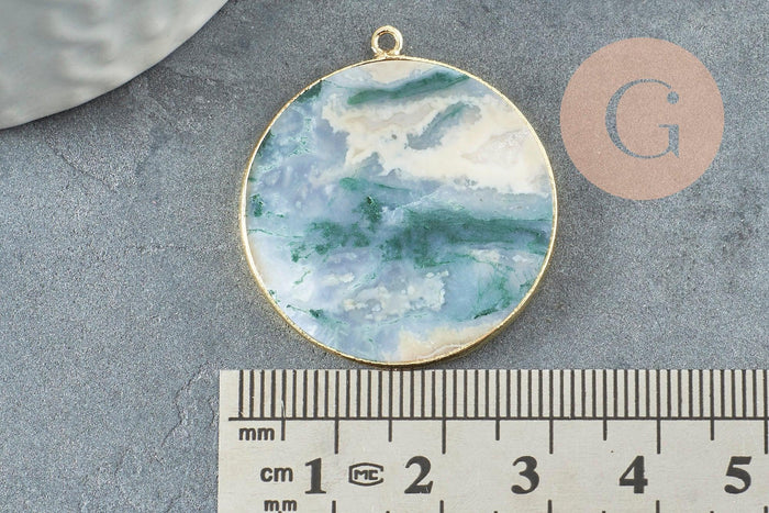 Pendentif rond agate verte mousse naturel laiton doré 32mm, x1 (G2988)