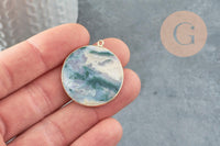 Pendentif rond agate verte mousse naturel laiton doré 32mm, x1 (G2988)