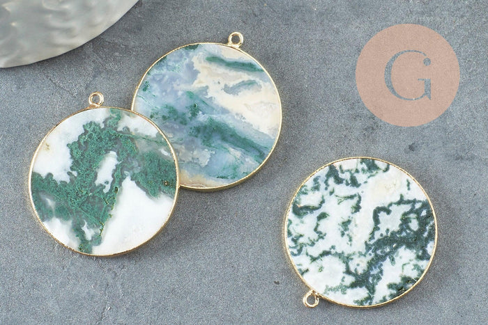 Pendentif rond agate verte mousse naturel laiton doré 32mm, x1 (G2988)
