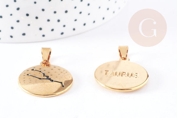 Pendentif rond constellation Taureau acier 304 inodydable doré 29mm, bijou signe astrologique résistant à l'eau, x1 (G4052)