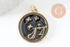 Pendentif rond constellation laiton doré zircon émail noir 23mm, x1 (G3557)