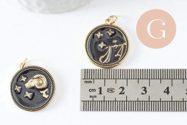 Pendentif rond constellation laiton doré zircon émail noir 23mm, x1 (G3557)