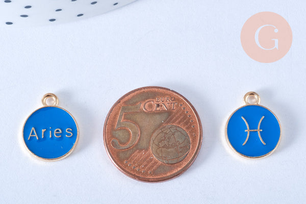 Pendentif rond constellation zamac doré zircon émail bleu 15mm, x1 (G6662)