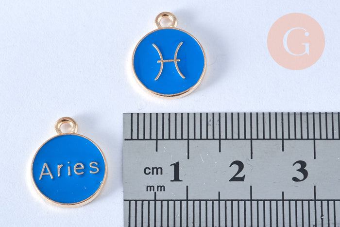 Pendentif rond constellation zamac doré zircon émail bleu 15mm, x1 (G6662)