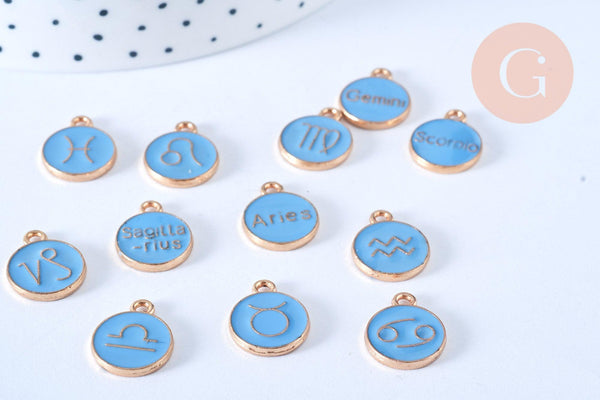 Pendentif rond constellation zamac doré zircon émail bleu clair 15mm, x1 (G6665)