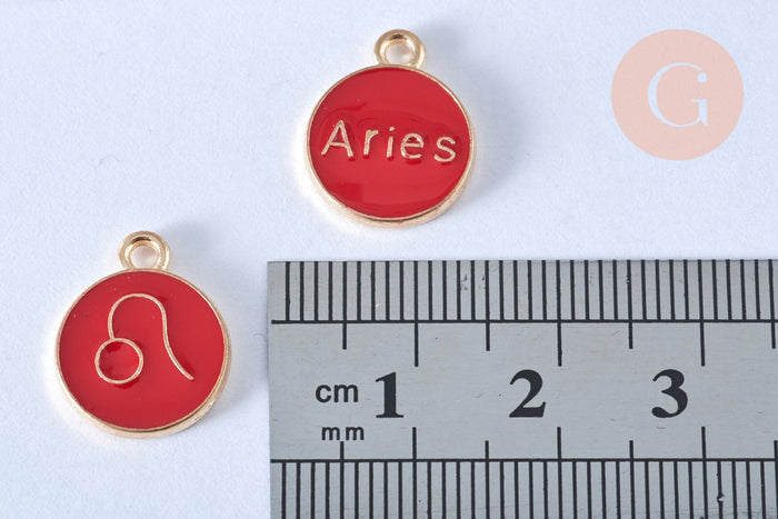 Pendentif rond constellation zamac doré zircon émail rouge 15mm, x1 (G6664)