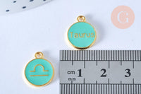 Pendentif rond constellation zamac doré zircon émail vert 15mm, x1 (G6663)