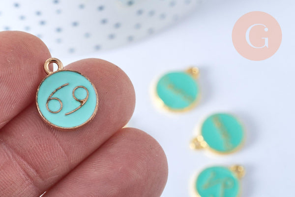 Pendentif rond constellation zamac doré zircon émail vert 15mm, x1 (G6663)