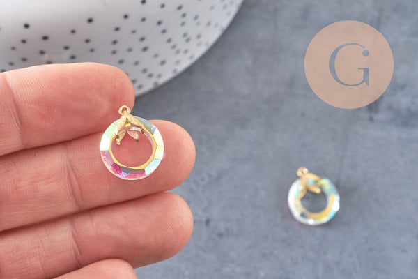 Pendentif rond cristal irisé laiton doré 17mm, x1 (G3516)
