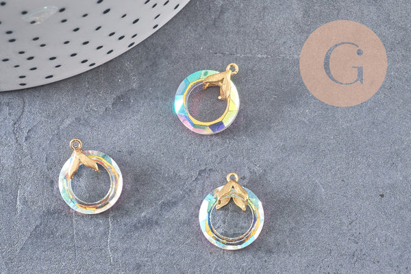 Pendentif rond cristal irisé laiton doré 17mm, x1 (G3516)