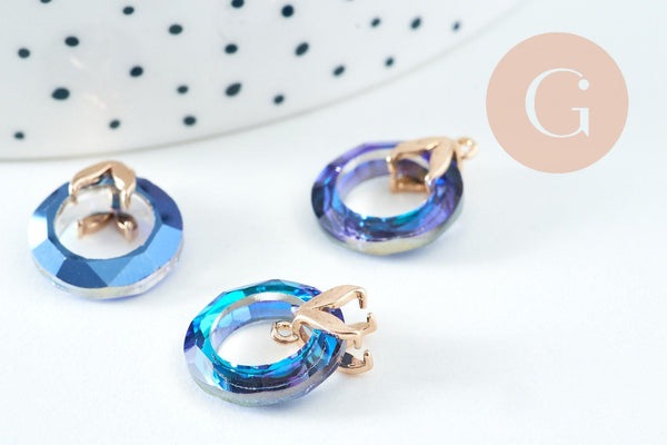 Pendentif rond cristal noir irisé laiton doré 17mm, x1 (G3884)