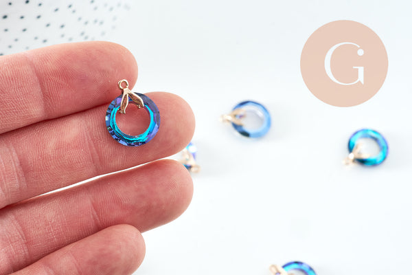 Pendentif rond cristal noir irisé laiton doré 17mm, x1 (G3884)