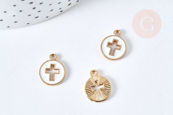 Pendentif rond croix zamac doré émail blanc 15mm, x5 (G8418)