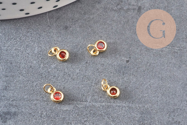 Pendentif rond doré 24 carats zircon rouge, pendentif doré cristal, création bijoux,6.5mm, x5 (G4676)