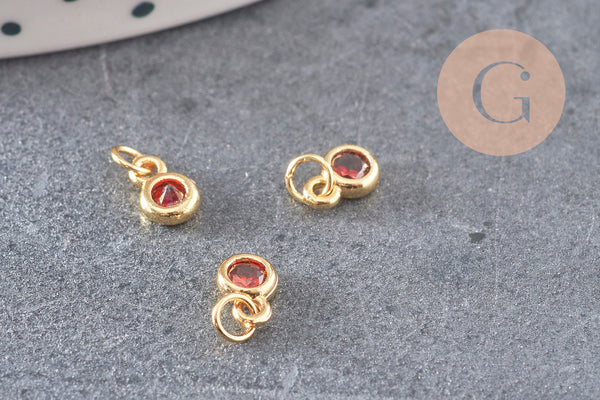 Pendentif rond doré 24 carats zircon rouge, pendentif doré cristal, création bijoux,6.5mm, x5 (G4676)
