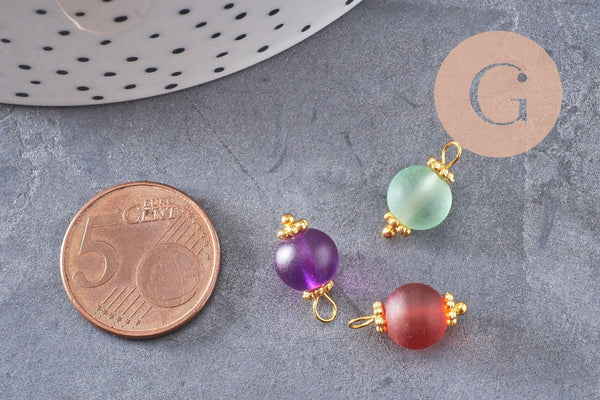 Pendentif rond doré carats verre sablé multicolore, pendentif doré cristal, création bijoux,14mm, X10 (G4185)