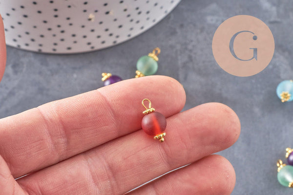 Pendentif rond doré carats verre sablé multicolore, pendentif doré cristal, création bijoux,14mm, X10 (G4185)