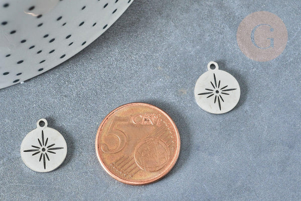 Pendentif rond étoile acier platine 304 inoxydable 14mm, création bijoux acier inoxydable x1 G8013