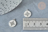 Pendentif rond étoile acier platine 304 inoxydable 14mm, création bijoux acier inoxydable x1 G8013