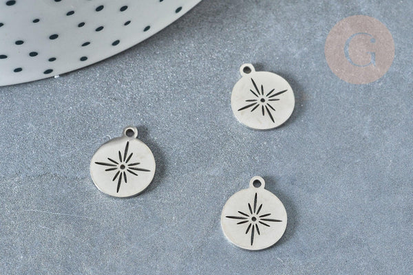 Pendentif rond étoile acier platine 304 inoxydable 14mm, création bijoux acier inoxydable x1 G8013