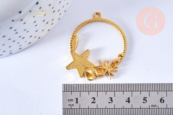 Pendentif rond étoile de mer coquillages zamac doré 42mm, pendentif étoile de mer pour création résine bijoux DIY, x1 G6875