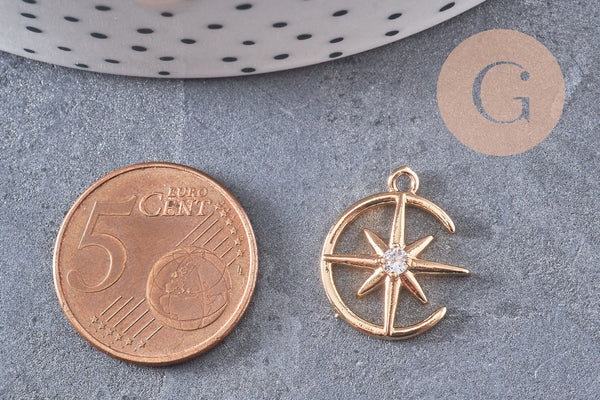 Pendentif rond étoile du nord laiton doré 18K zircon 18mm, un pendentif doré avec cristaux pour création bijoux, x1 G5514