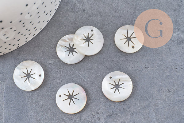 Pendentif rond étoile nacre naturelle beige marron 20mm, x5 (G2179)