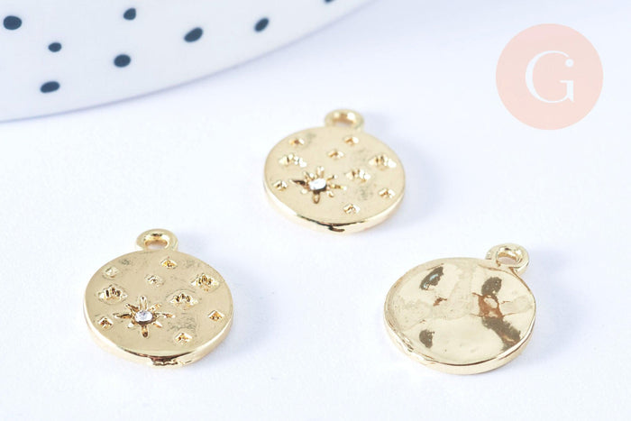 Pendentif rond étoile strass cristal blanc laiton doré 15mm,sans nickel pendentif chance,15mm, x1 (G7114)