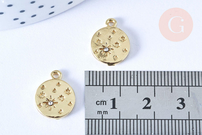 Pendentif rond étoile strass cristal blanc laiton doré 15mm,sans nickel pendentif chance,15mm, x1 (G7114)