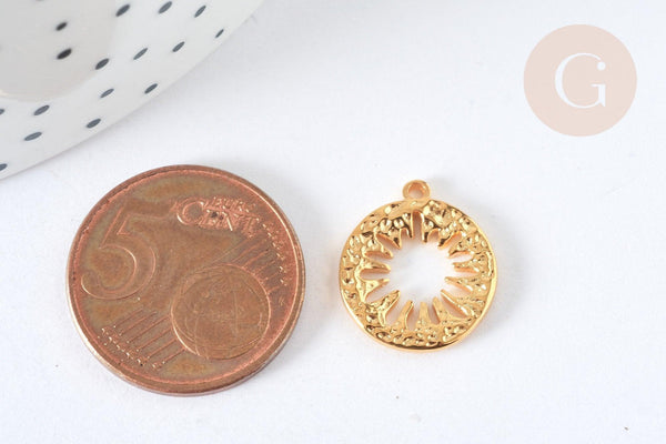 Pendentif rond fleur acier 304 doré 16mm, Pendentif fin et léger création de bijoux acier, x1 G7381