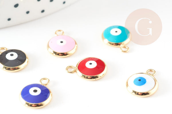 Pendentif rond laiton doré 18K émail oeil protecteur 13mm, x1 (G9329)