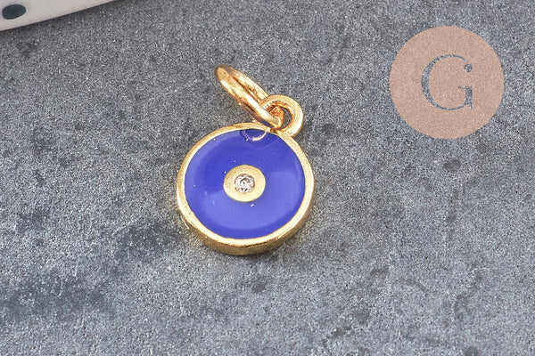 Pendentif rond laiton doré 18K émaillé et zircon 10mm, x1 (G3474)