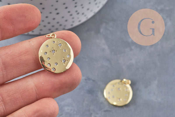 Pendentif rond laiton doré 18K et zircons 23mm, x1 (G10976)