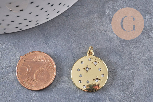 Pendentif rond laiton doré 18K et zircons 23mm, x1 (G10976)