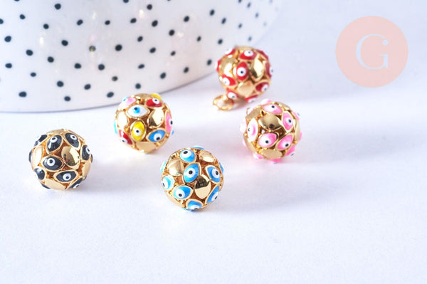 Pendentif rond laiton doré émaillé motif mauvais œil 15mm, créations de bijoux dorés, x1 G6887