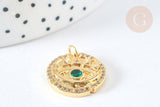 Pendentif rond laiton doré oeil protecteur zircons blanc et vert 18mm, x1 G7373