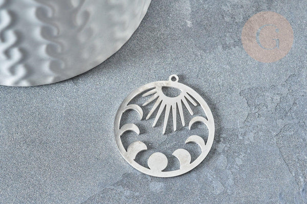 Pendentif rond lune et soleil argenté acier inoxydable 30mm x1 (G7609)