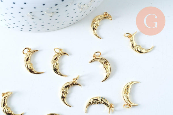 Pendentif rond lune étoiles laiton doré 16K étoile zircon 15.3mm, un pendentif doré avec cristaux pour création bijoux, x1 G6306