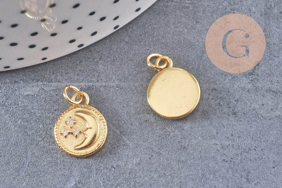 Pendentif rond lune étoiles laiton doré 16K étoile zircon 15.3mm, x1 (G5998)