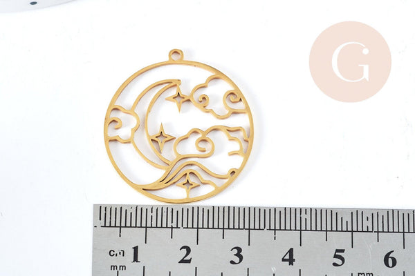 Pendentif rond lune nuage acier 201 doré inoxydable 32.5mm, x1 (G8815)