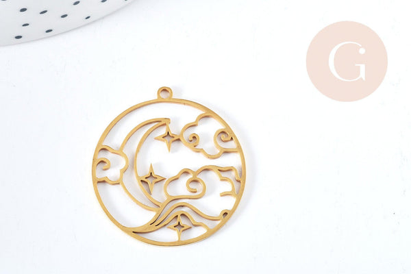 Pendentif rond lune nuage acier 201 doré inoxydable 32.5mm, x1 (G8815)
