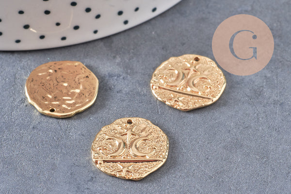 Pendentif rond lune protecteur chance en laiton zircon 18K 19mm, x1 (G10558)