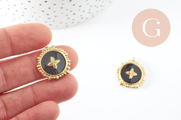 Pendentif rond motif fleur 304 inoxydable doré PVD résine noire 23mm, x1 G9406