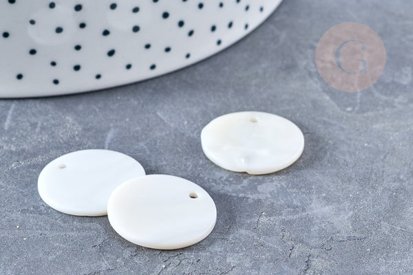 Pendentif rond nacre blanche 20mm, pendentif coquillage blanc naturel, x5 G8532