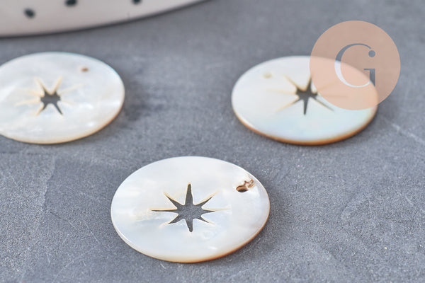 Pendentif rond nacre étoile, pendentif coquillage, coquillage beige,coquillage naturel,création bijoux,20mm, étoile,lot 5-G2179