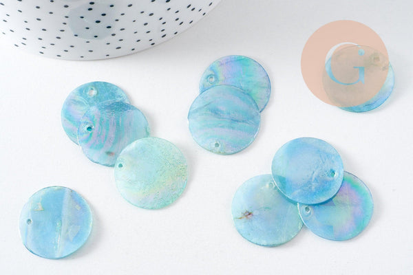 Pendentif rond nacre naturelle bleu irisé 25mm, x10 (G3969)