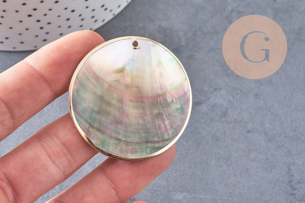 Pendentif rond nacre noire doré, pendentif coquillage, coquillage noir, coquillage naturel,45mm, x1 (G5413)